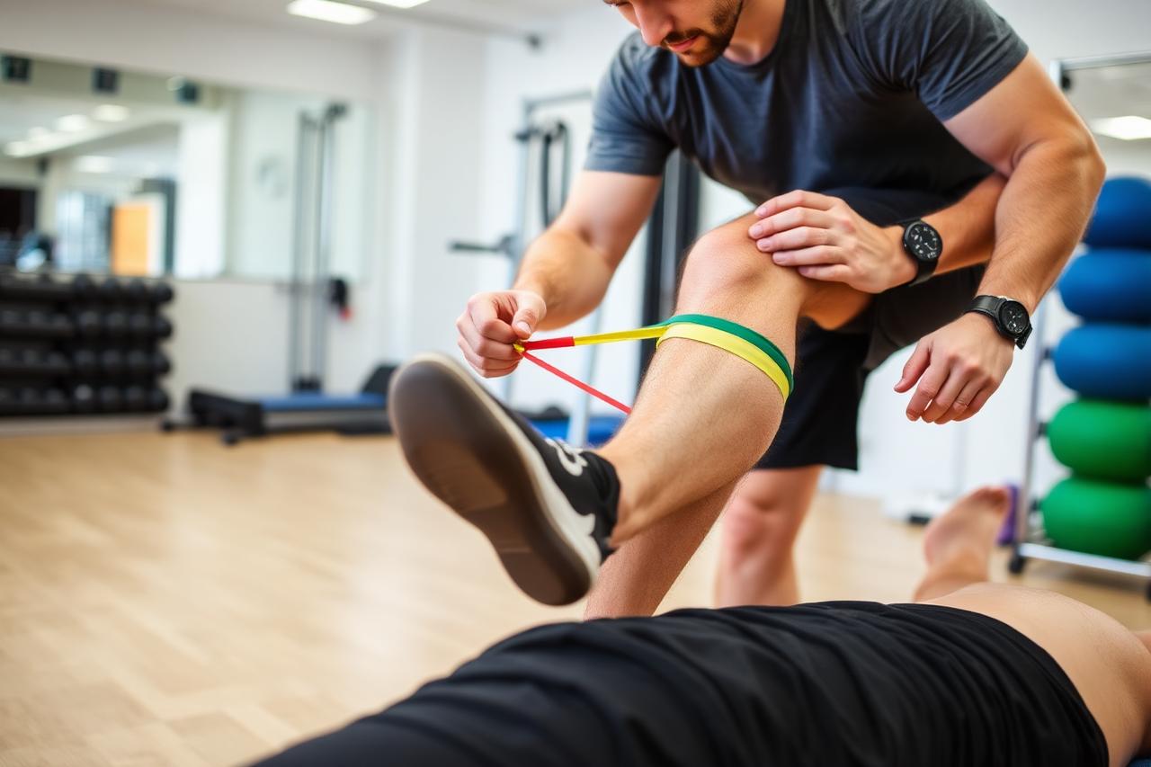 Sports rehabilitation session with resistance band